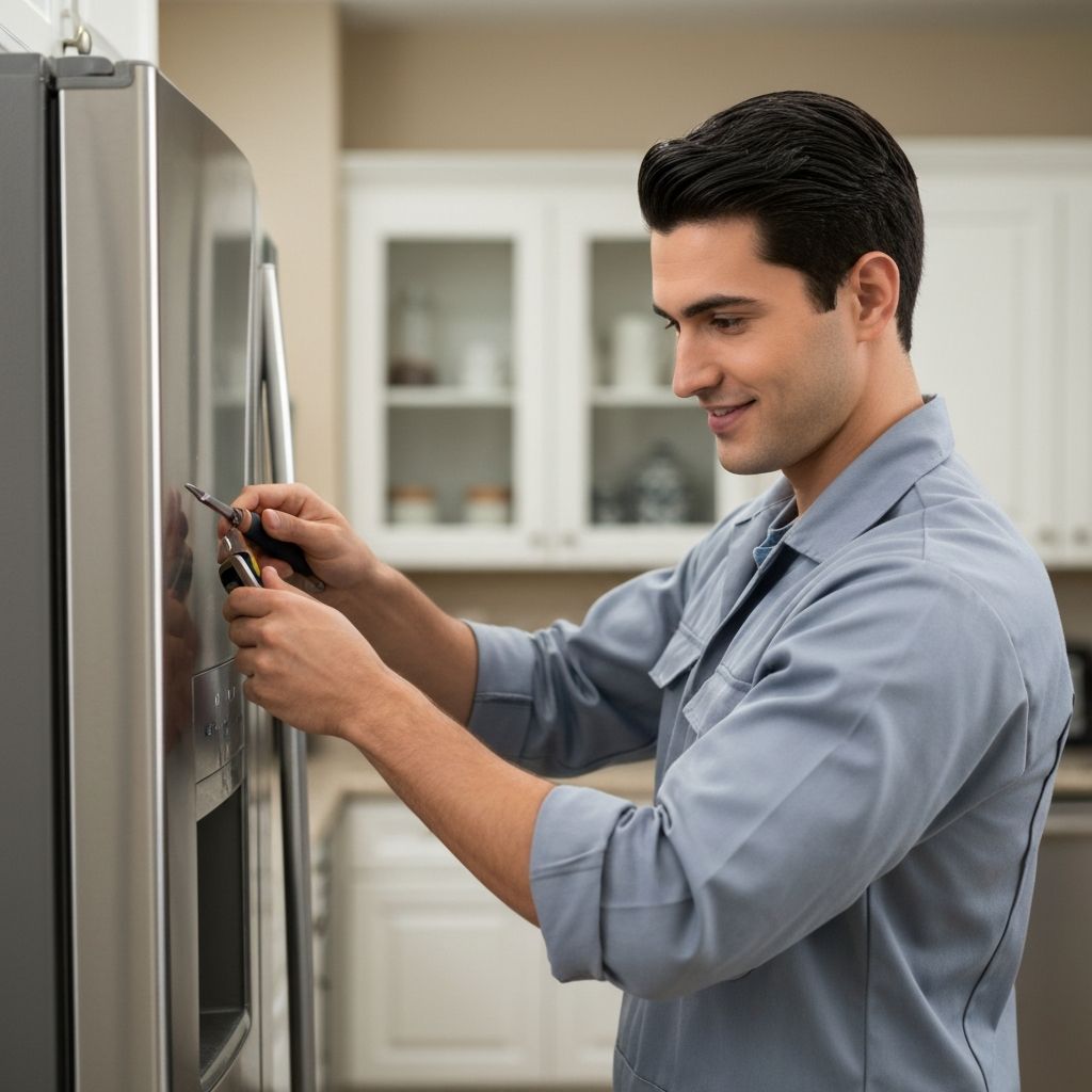 Technician repairing refrigerator at customer home